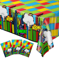 Blue Orchards comic superhero table cover with bold graphics, ideal as a party backdrop.