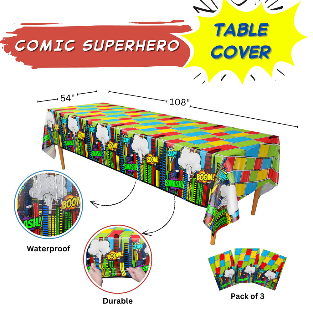 Blue Orchards table cover set in vivid colors, reusable and easy cleanup for superhero celebrations.