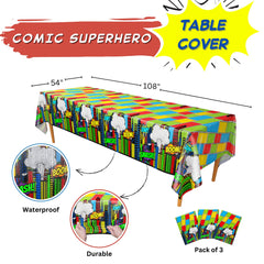 Blue Orchards table cover set in vivid colors, reusable and easy cleanup for superhero celebrations.