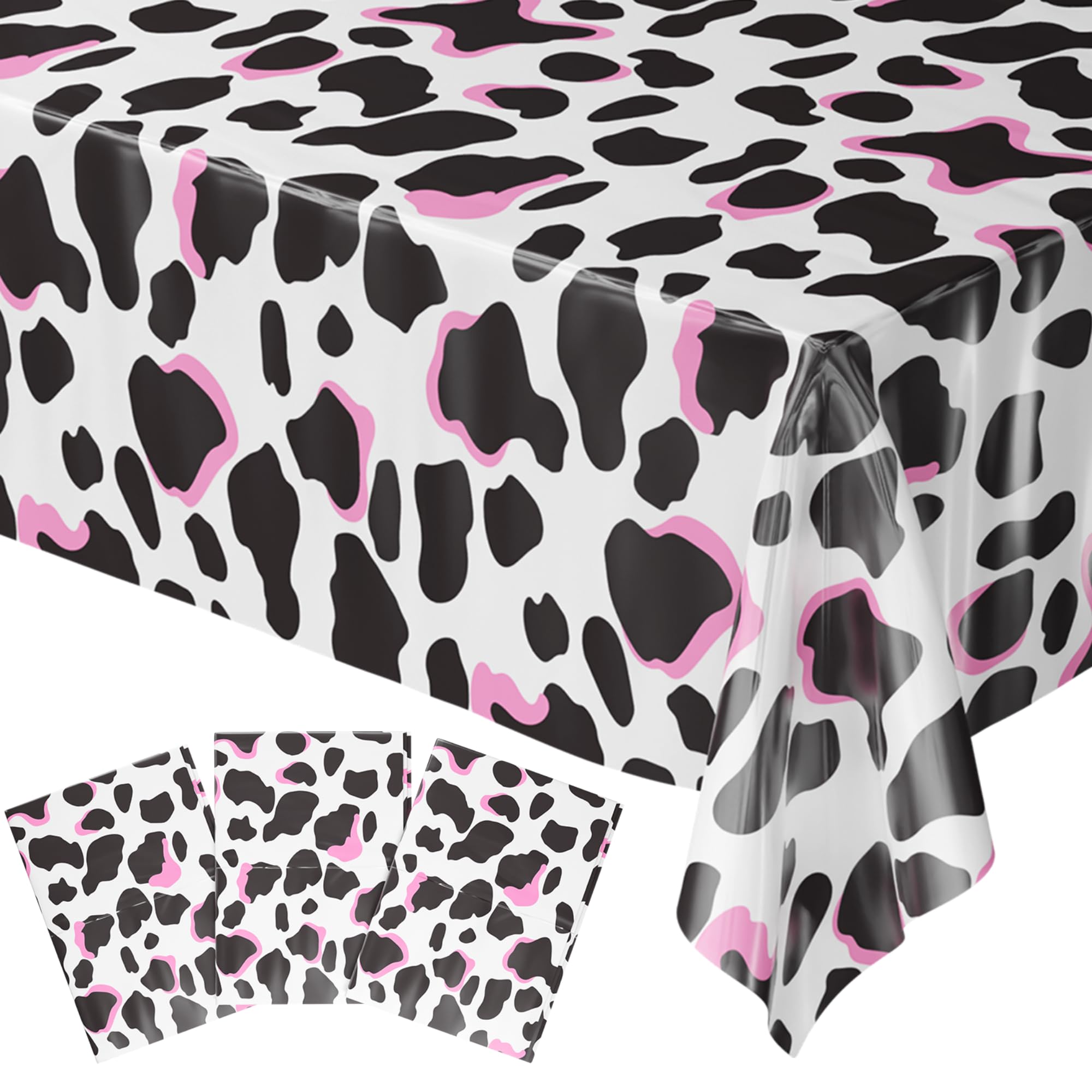 Blue Orchards cow print table cover for barnyard party decor and easy cleanup