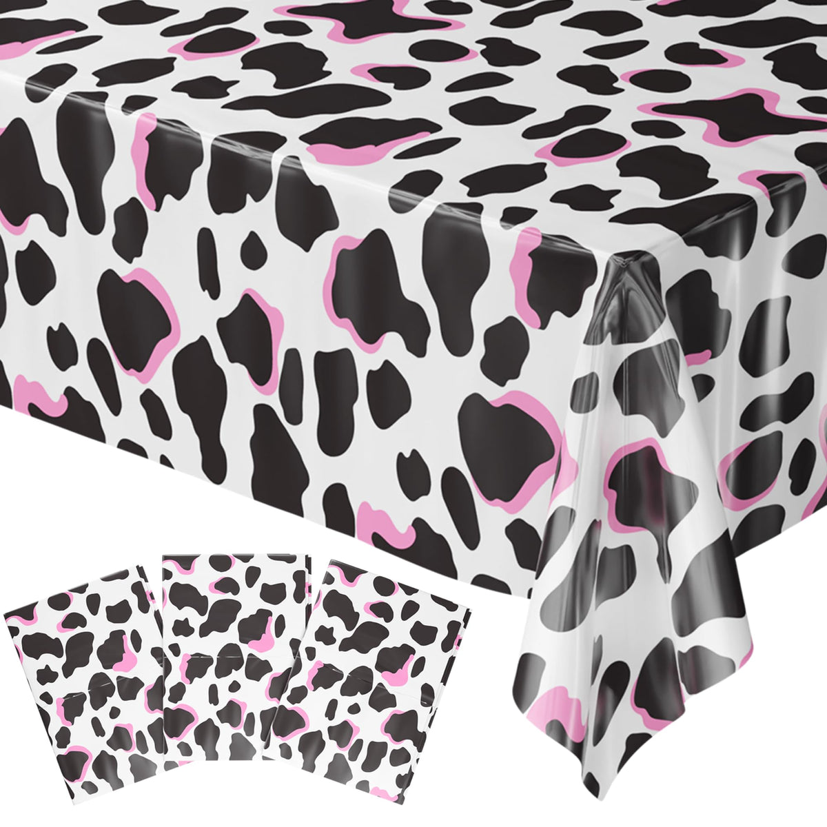 Blue Orchards cow print table cover for barnyard party decor and easy cleanup