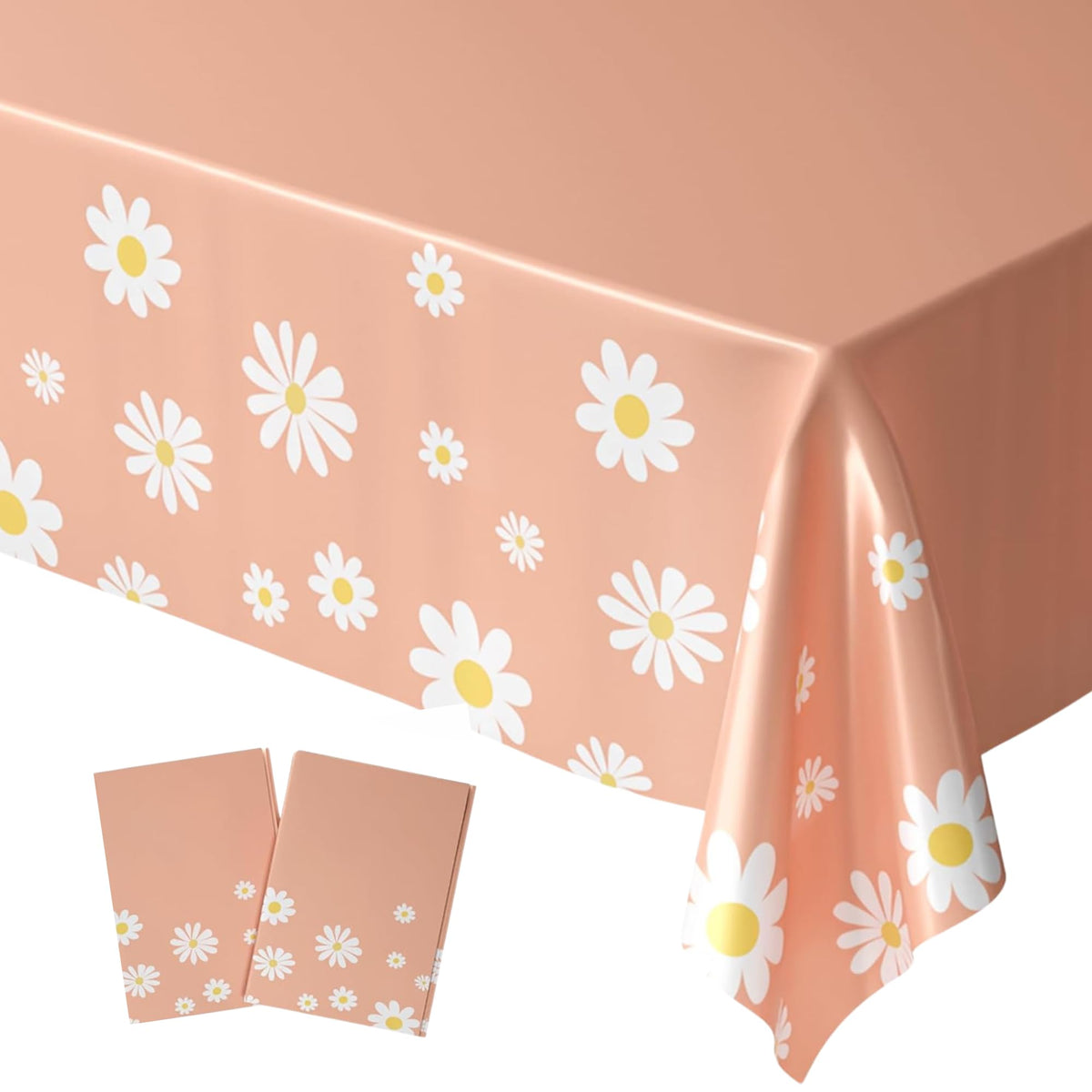 Blue Orchards Daisy Table Cover 108x54 on table protects surfaces from spills.