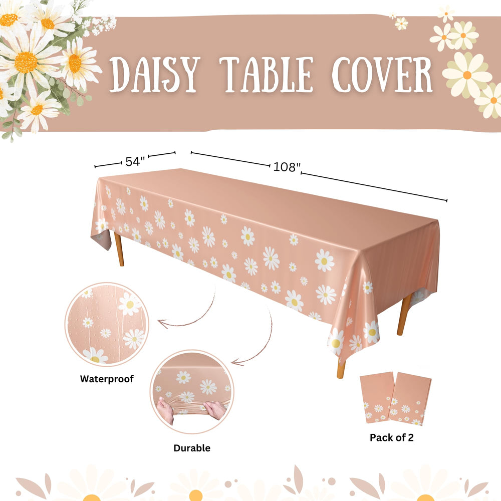 Blue Orchards Daisy Table Cover on table setting enhances floral decor and simplifies cleanup.