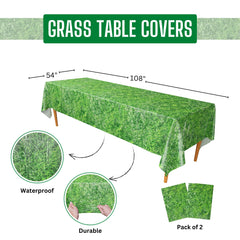 Blue Orchards Grass Tablecovers setup scene, ideal backdrop for safari or birthday celebrations.