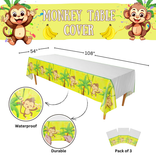 Blue Orchards Monkey Party Tablecovers laid out on a table for a festive setup.