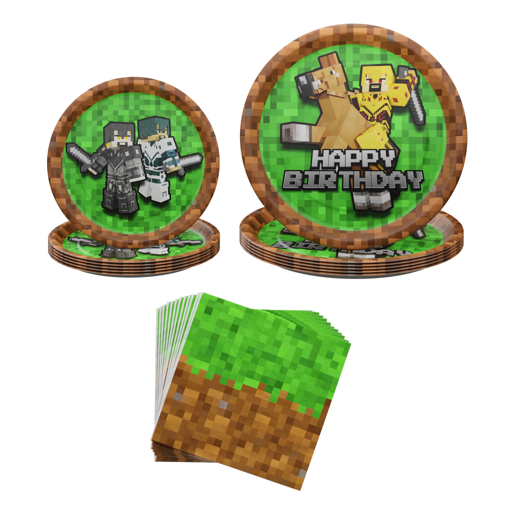 Blue Orchards Pixel Warrior dinner plates show vibrant pixel art for a themed party.