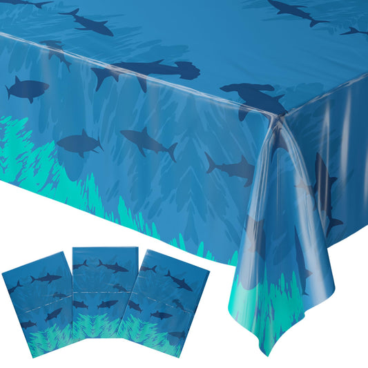Blue Orchards Shark Table Cover front view ideal for ocean-themed birthday tables