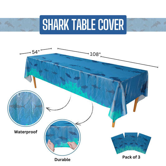 Blue Orchards Shark Table Cover pack shot durable plastic decor that simplifies cleanup