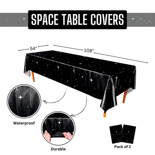 Blue Orchards Space Tablecover on table setup ready for galaxy-themed celebration.