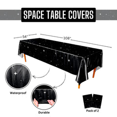 Blue Orchards Space Tablecover on table setup ready for galaxy-themed celebration.