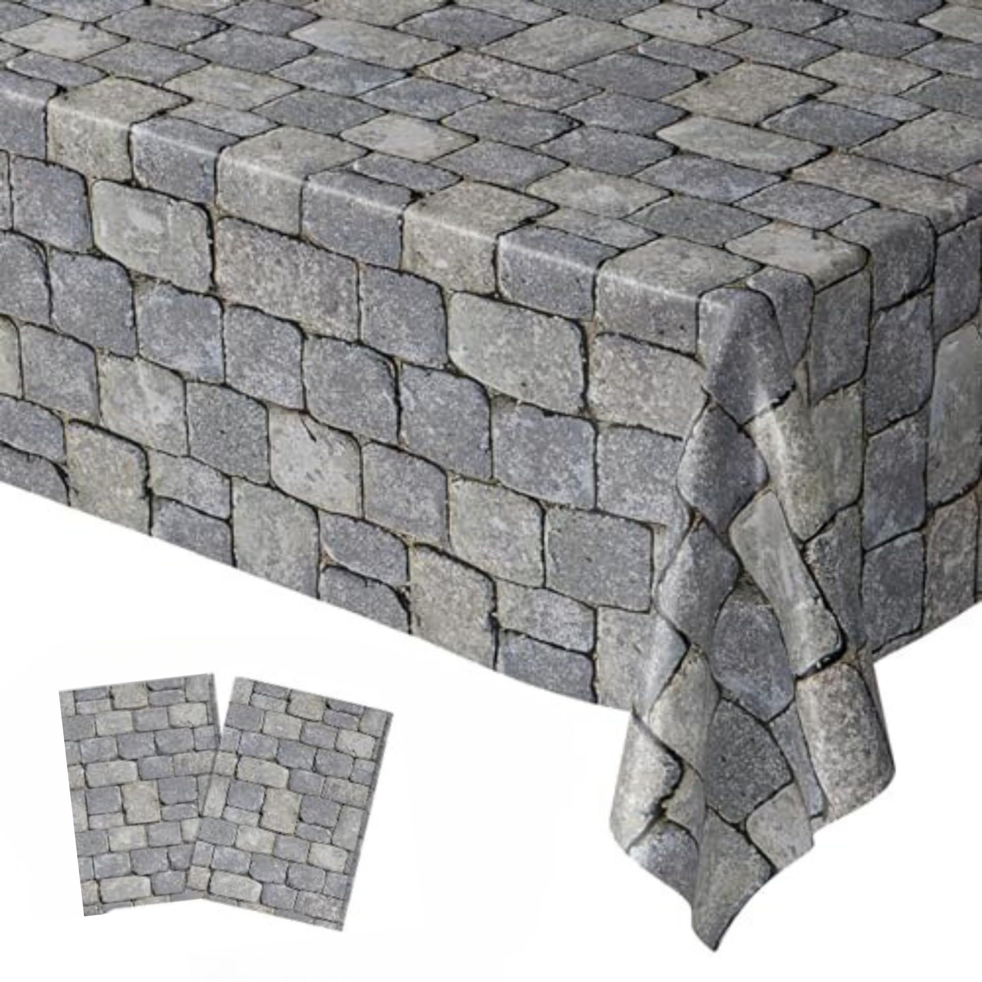 Blue Orchards Stone Wall table cover with cobblestone motif for medieval parties