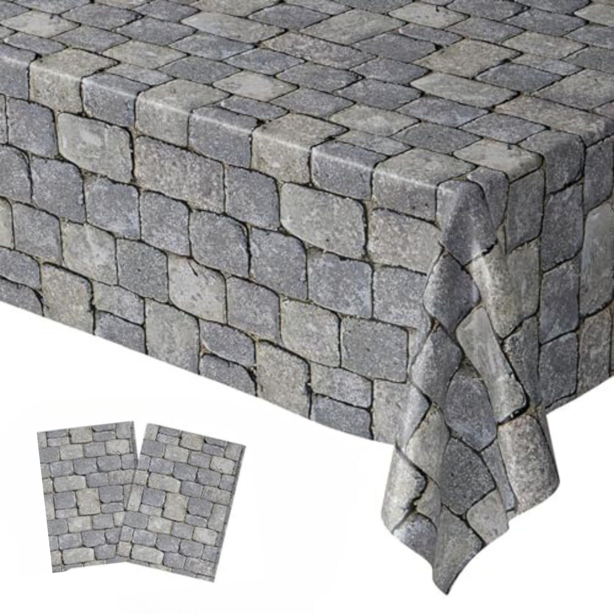 Blue Orchards Stone Wall table cover with cobblestone motif for medieval parties