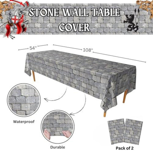Blue Orchards Stone Wall table cover adds castle vibes for knight-themed events