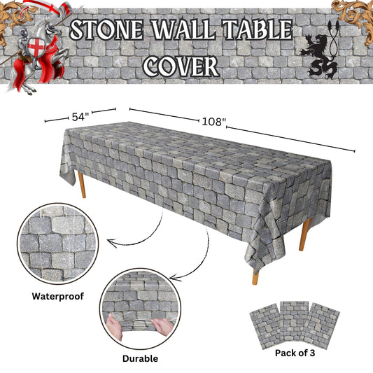 Blue Orchards Stone Wall Table Cover creates castle mood with durable surface protection.