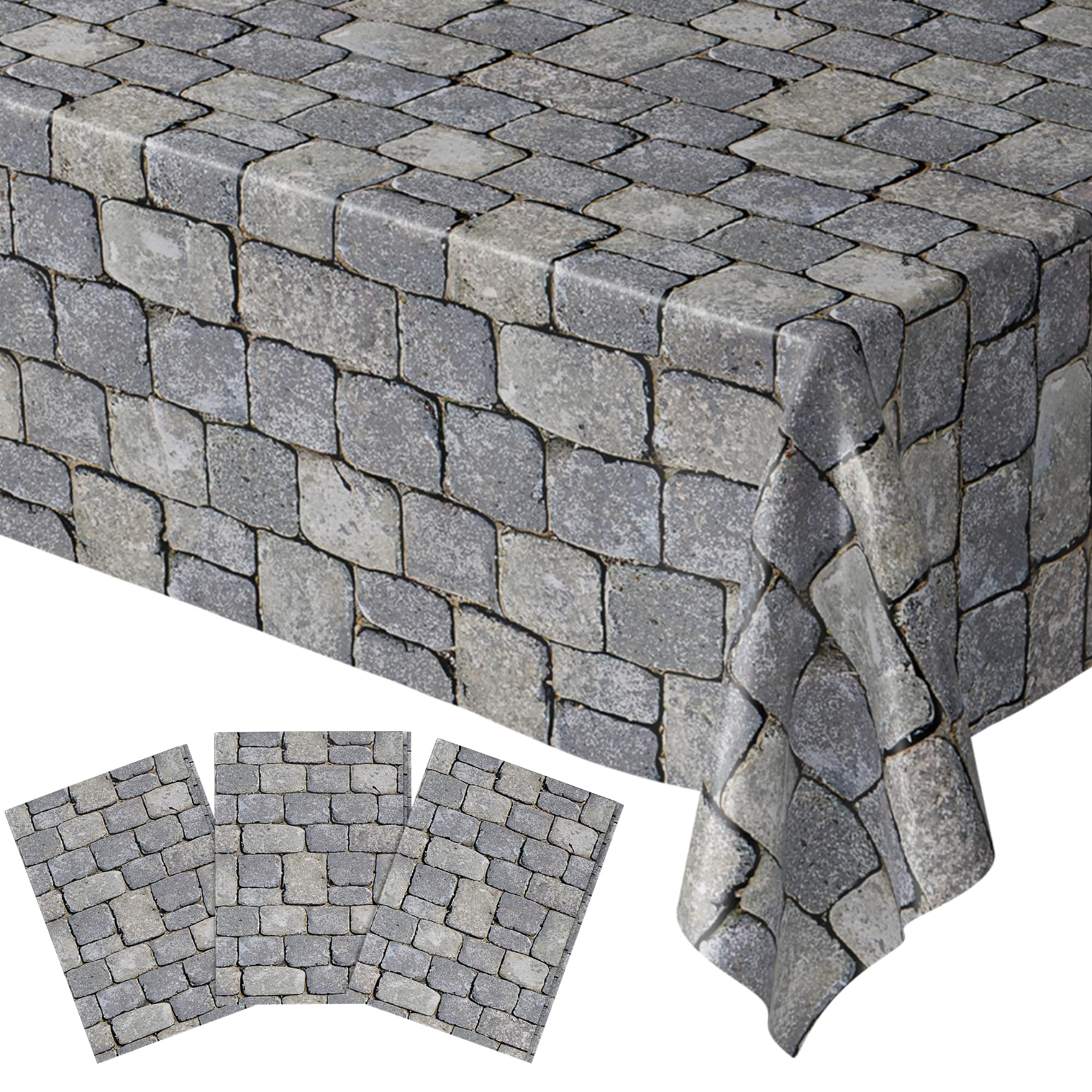 Blue Orchards Stone Wall Table Cover pack shows cobblestone scene and spill protection.