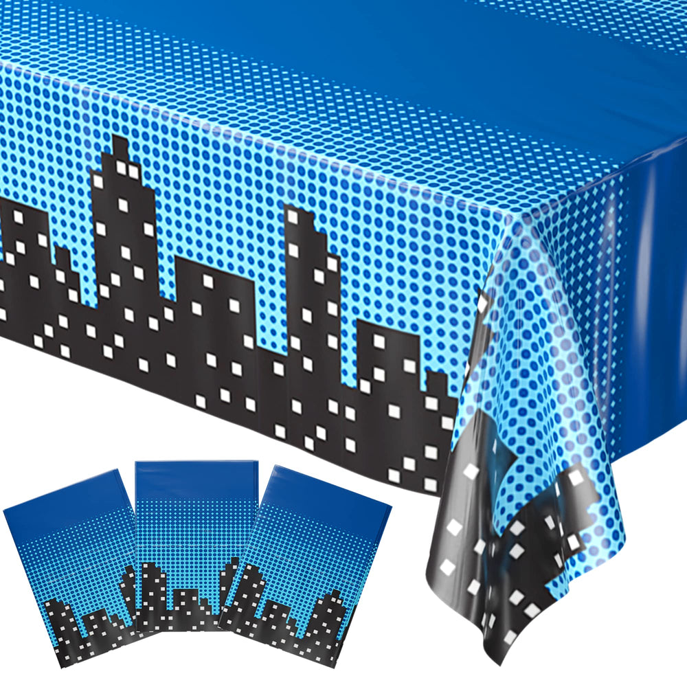 Blue Orchards' superhero cityscape table cover creates a vibrant party backdrop and easy cleanup.