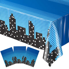Blue Orchards' superhero cityscape table cover creates a vibrant party backdrop and easy cleanup.