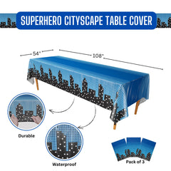 Blue Orchards superhero cityscape table cover pairs with decorations for an immersive birthday setup.