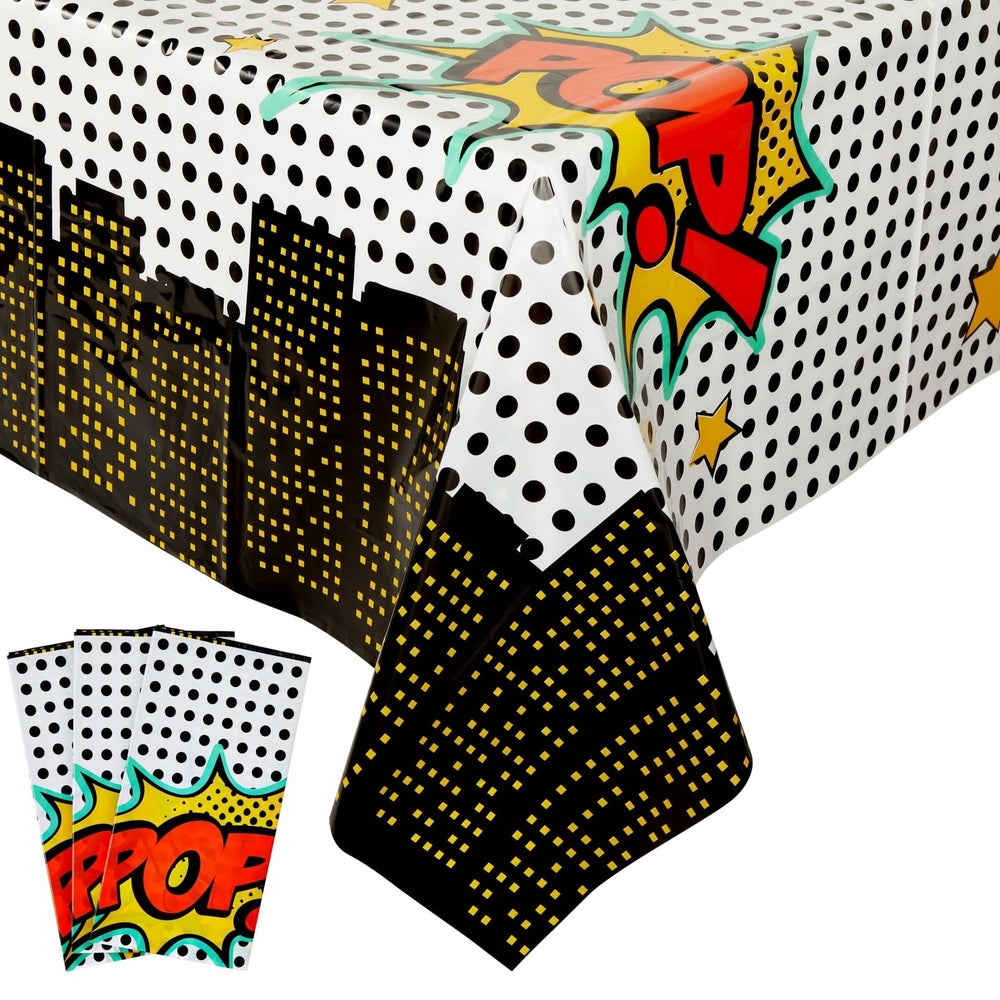 Blue Panda cartoon-themed tablecloth provides surface protection for arts and crafts tables.