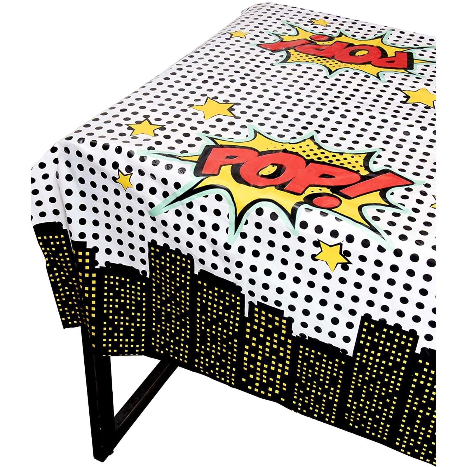 Blue Panda comic book tablecloth on dining table protects surfaces during celebrations.