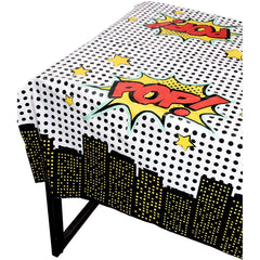 Blue Panda comic book tablecloth on dining table protects surfaces during celebrations.