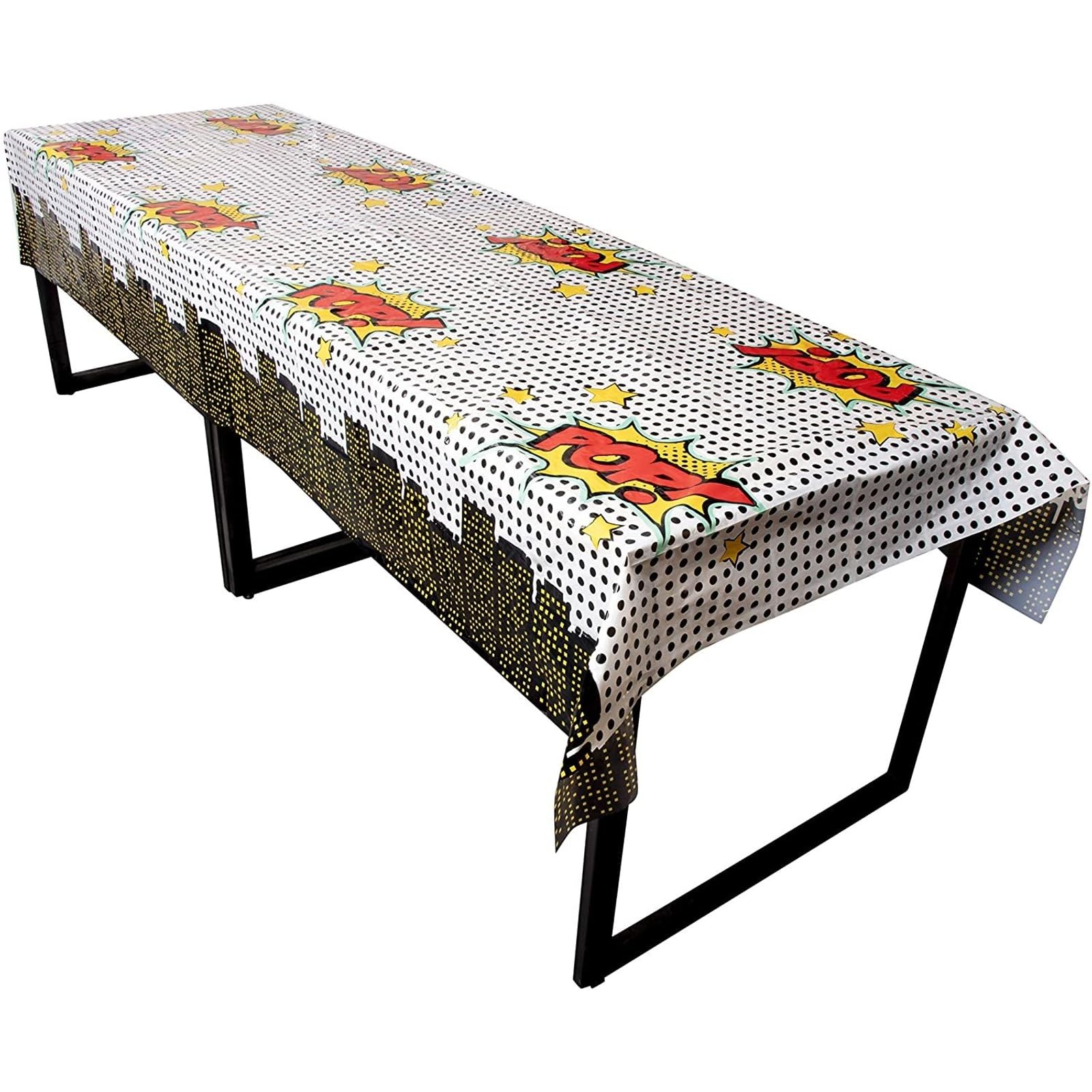 Blue Panda easy-clean tablecloth is disposable for quick post-party cleanup.