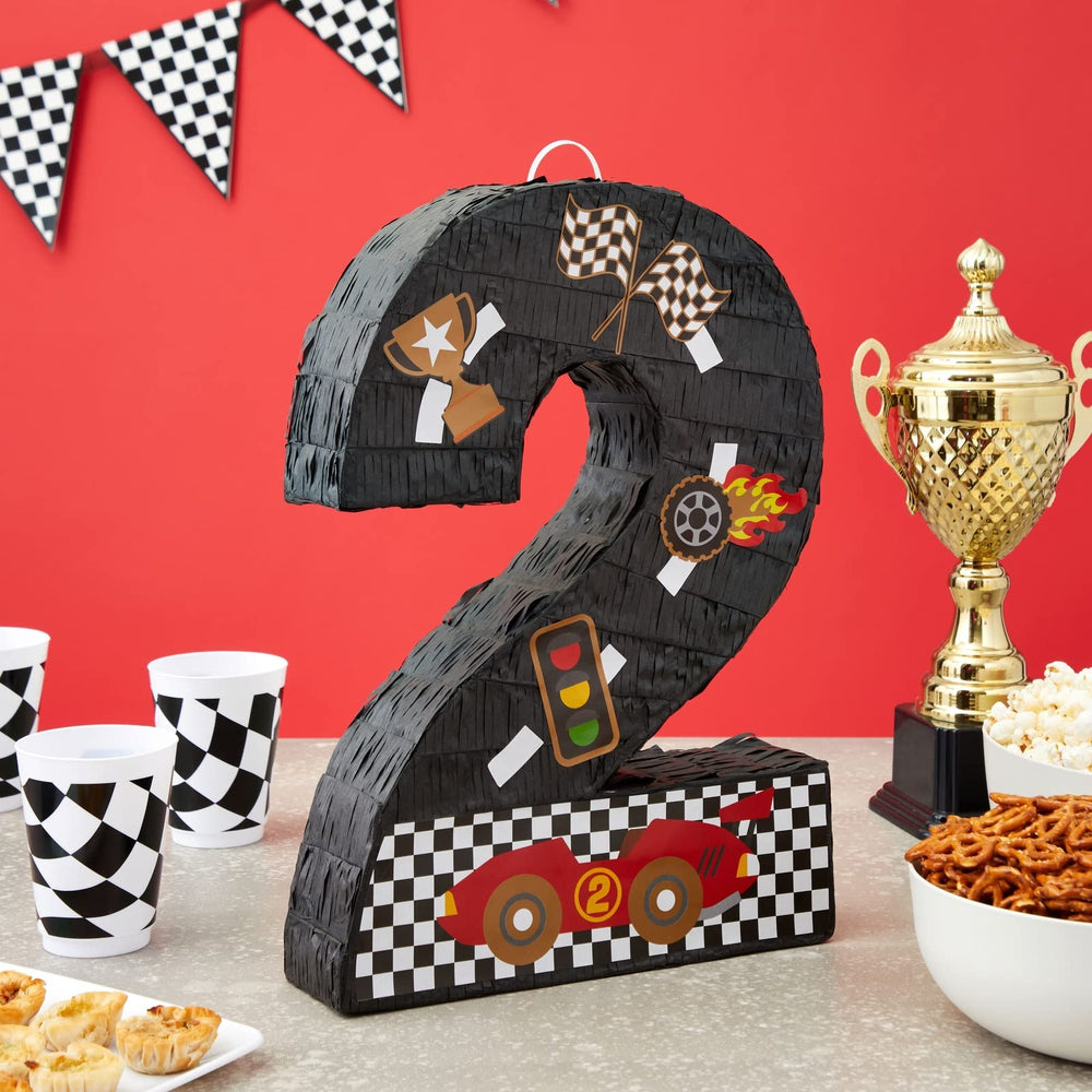 Blue Panda Number 2 Race Car Pinata side view adds dynamic indoor decor