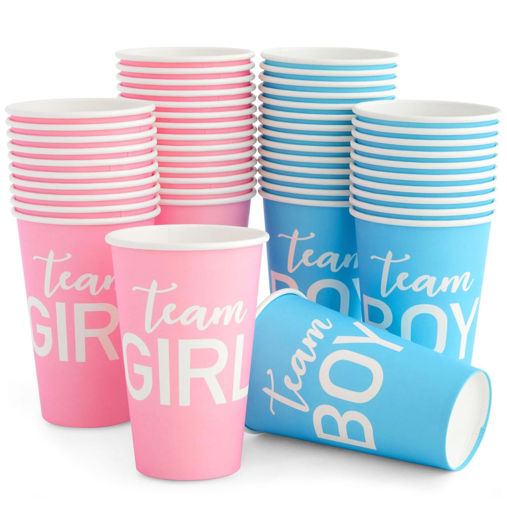 Blue Panda 50-pack paper party cups with Team Boy Team Girl for gender reveal celebrations