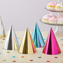 BLUE PANDA party hats gold cone create festive accents for celebrations and photos.