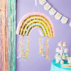 Blue Panda pastel rainbow pinata close-up showing colorful tissue paper decor.