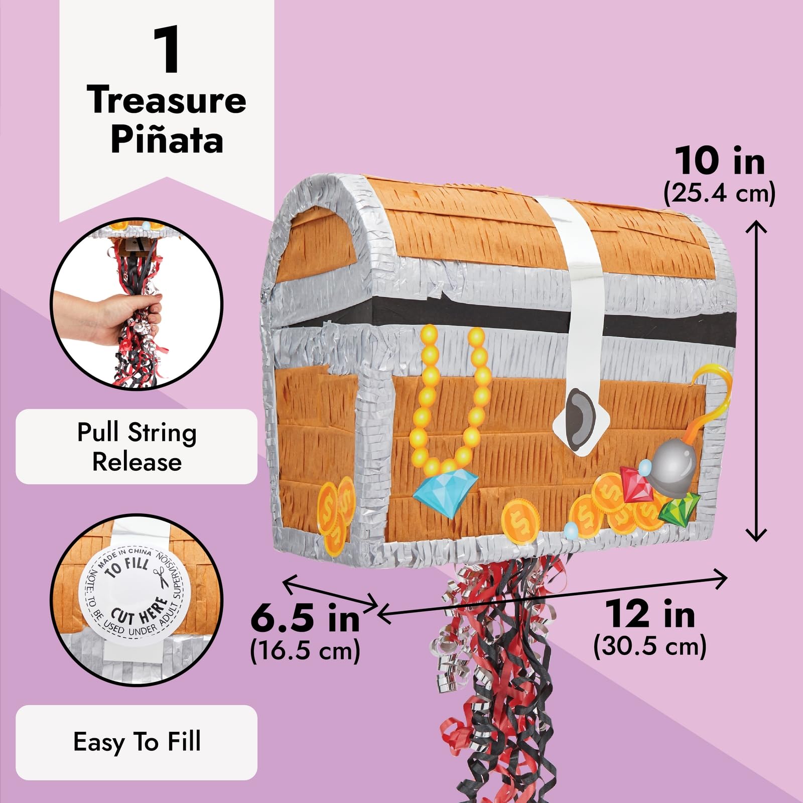 Blue Panda pull string pinata fill hole demonstration for easy candy or confetti filling.