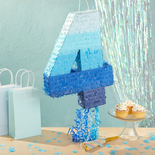 Blue Panda pinata number 4 side view highlights sturdy corrugated construction for energetic celebrations