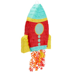 Blue Panda Rocket Pinata full view highlights a vibrant space party centerpiece.