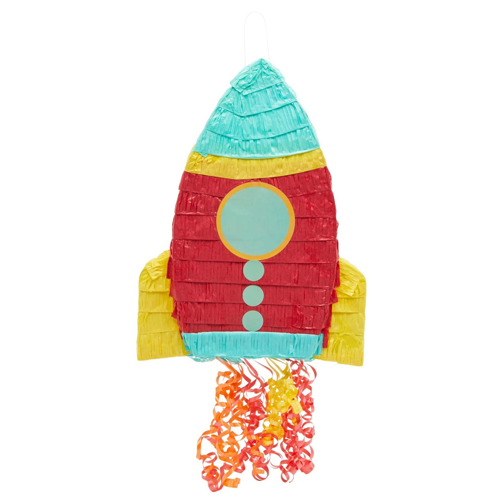 Blue Panda rocket pinata side view emphasizes bold red color and sturdy design.