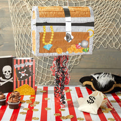 Blue Panda treasure chest pinata side view showing sturdy build and festive look.