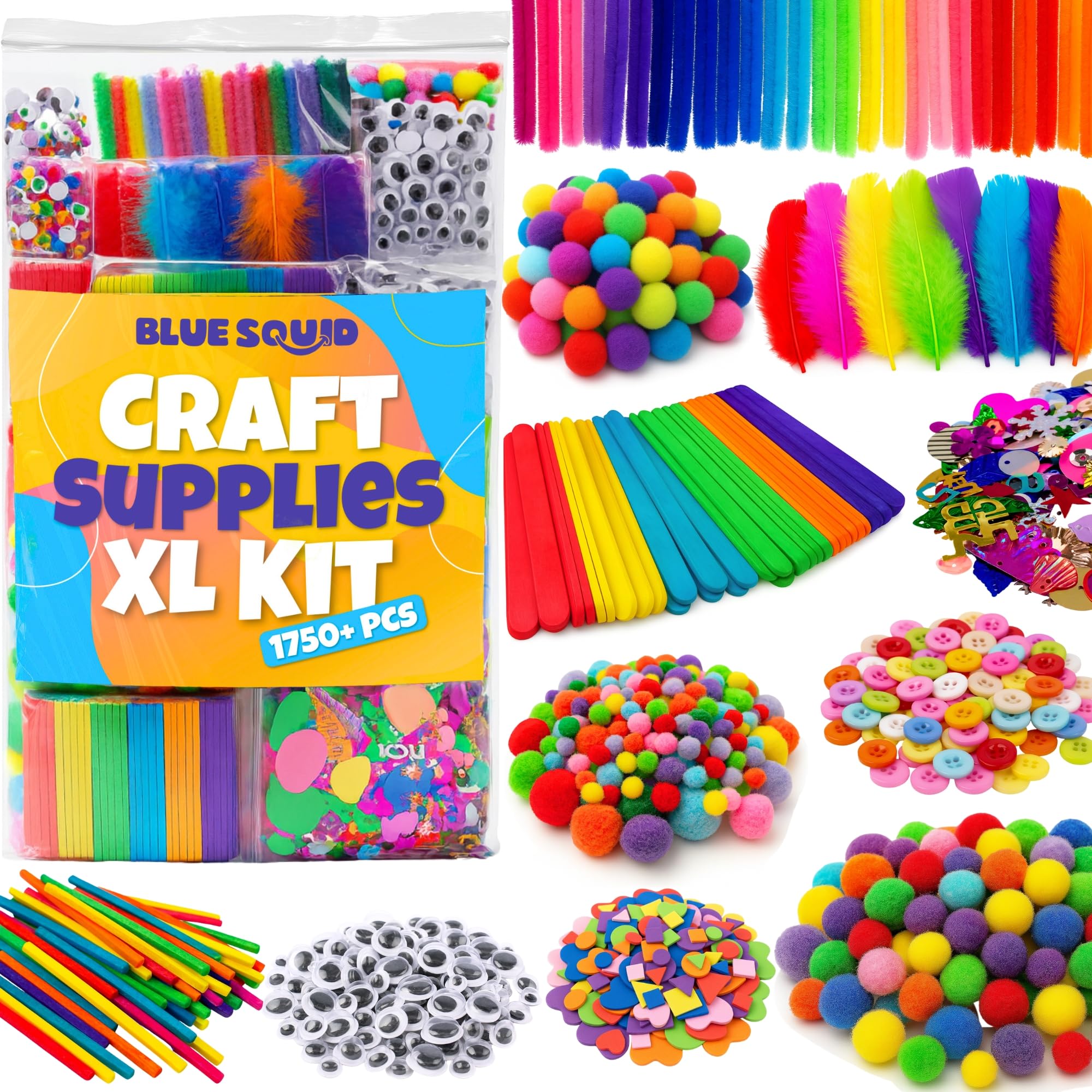 Blue Squid 1750+ piece craft kit contents for versatile DIY projects.