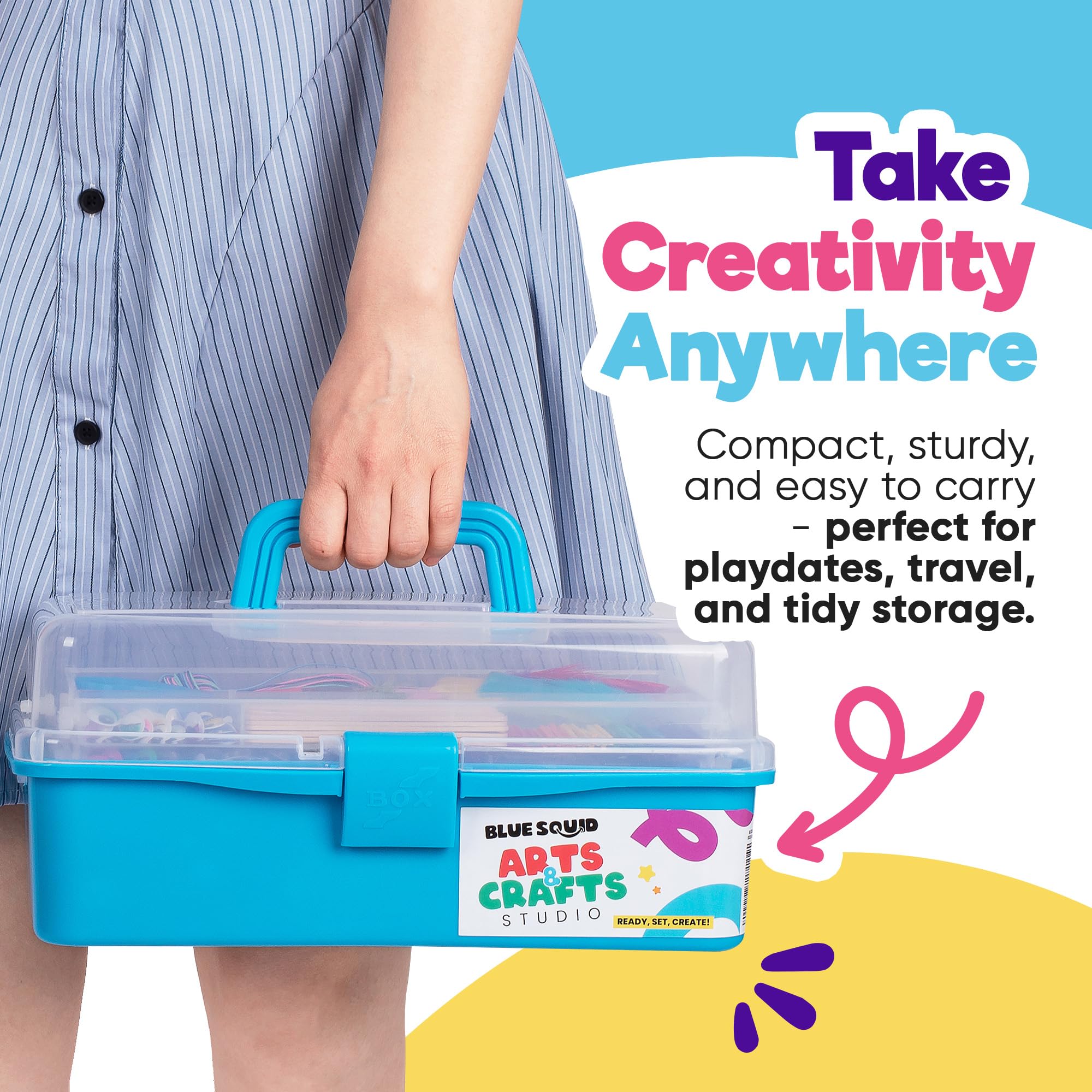 Blue Squid Craft Box with sturdy handle for easy transport to classes or playdates