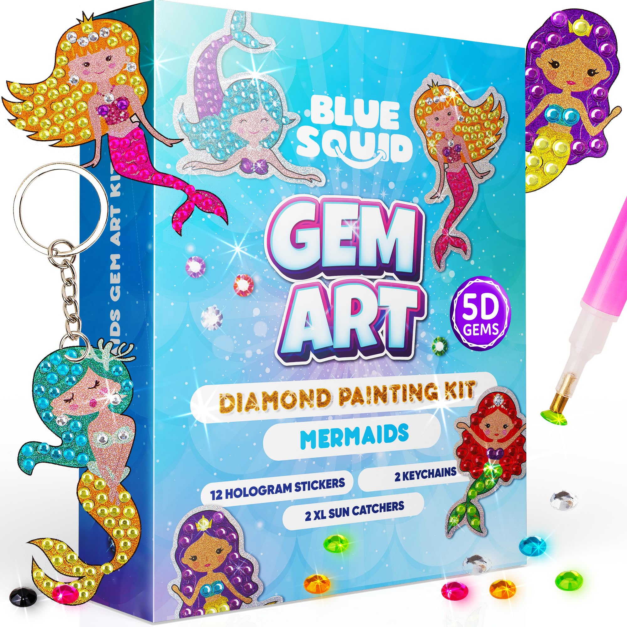 Blue Squid Mermaid Diamond Art stickers: vibrant designs for quick kid-friendly crafts.