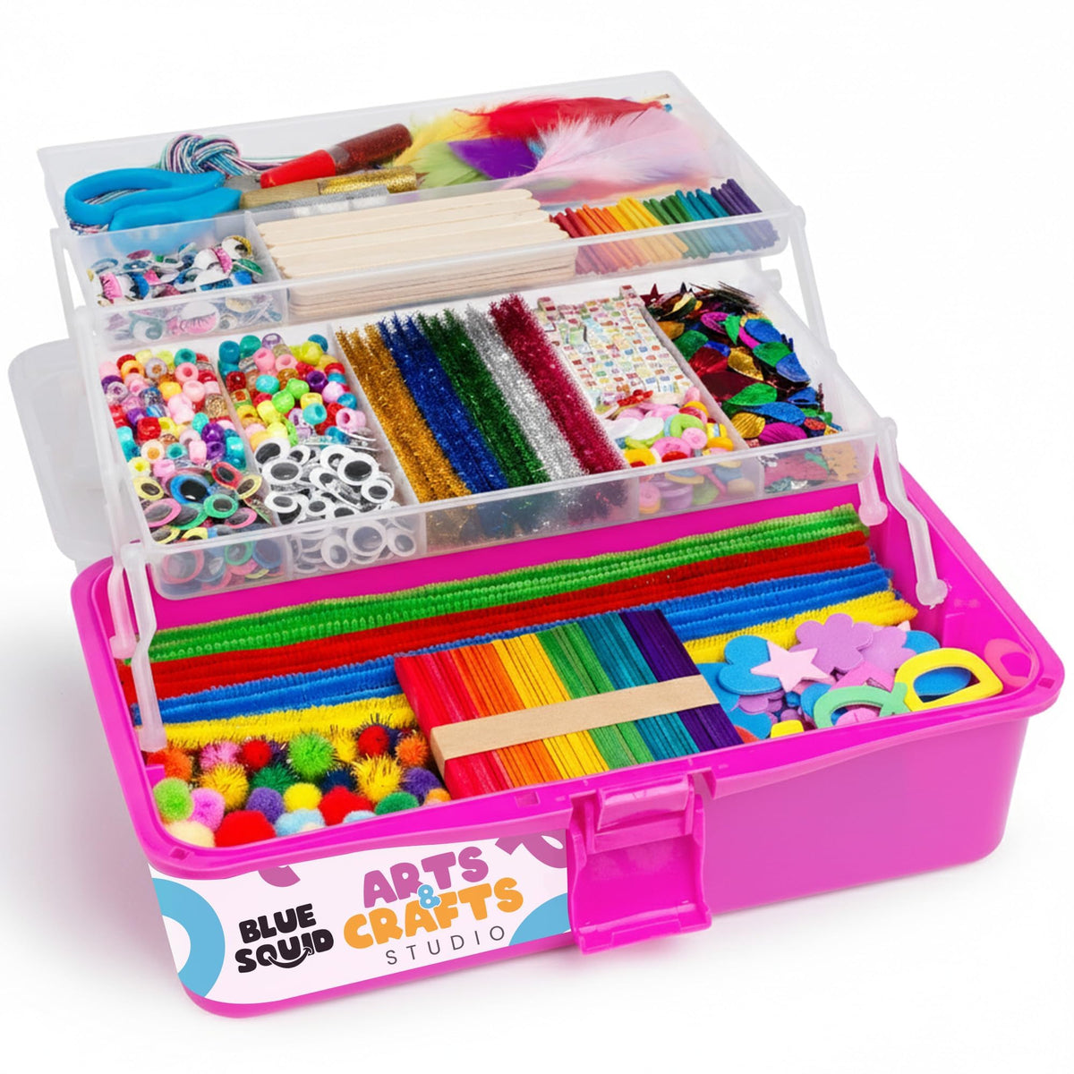 Blue Squid pink crafts box front view showing organized storage for creative projects
