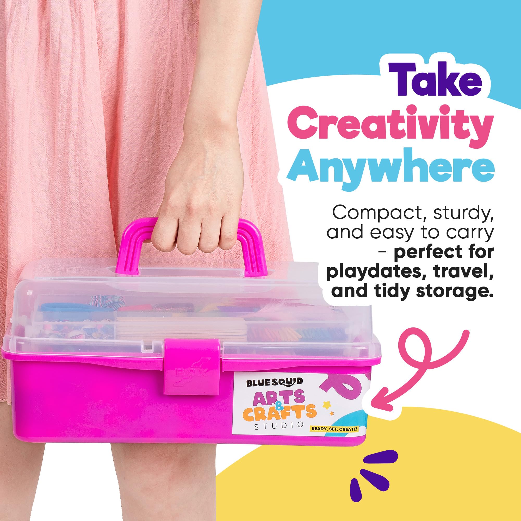 Blue Squid pink craft kit promotes portability with a sturdy handle