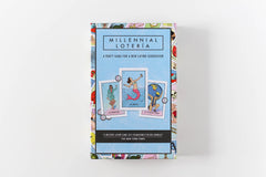 Blue Star Press Millennial Lotería packaging showcases bold, modern humor on display.