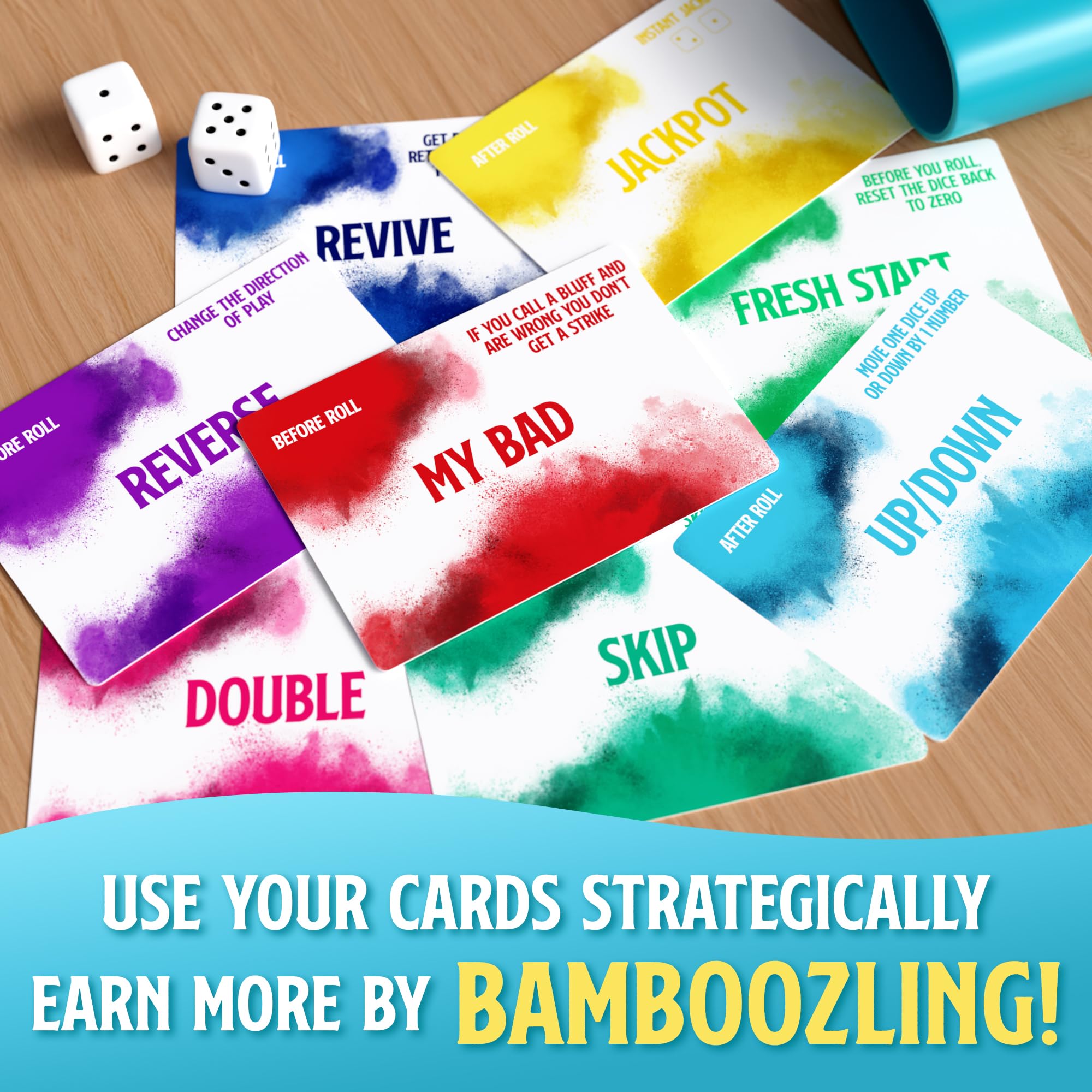 Blue Wasatch Bamboozled dice design invites tactile bluffing fun.