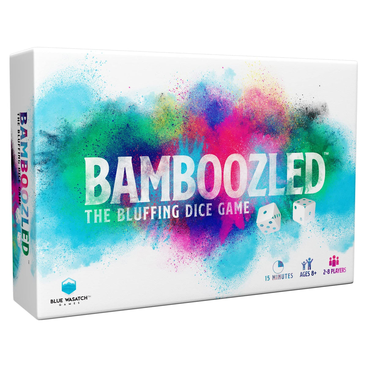 Blue Wasatch Bamboozled dice and cards ready for family game night fun.