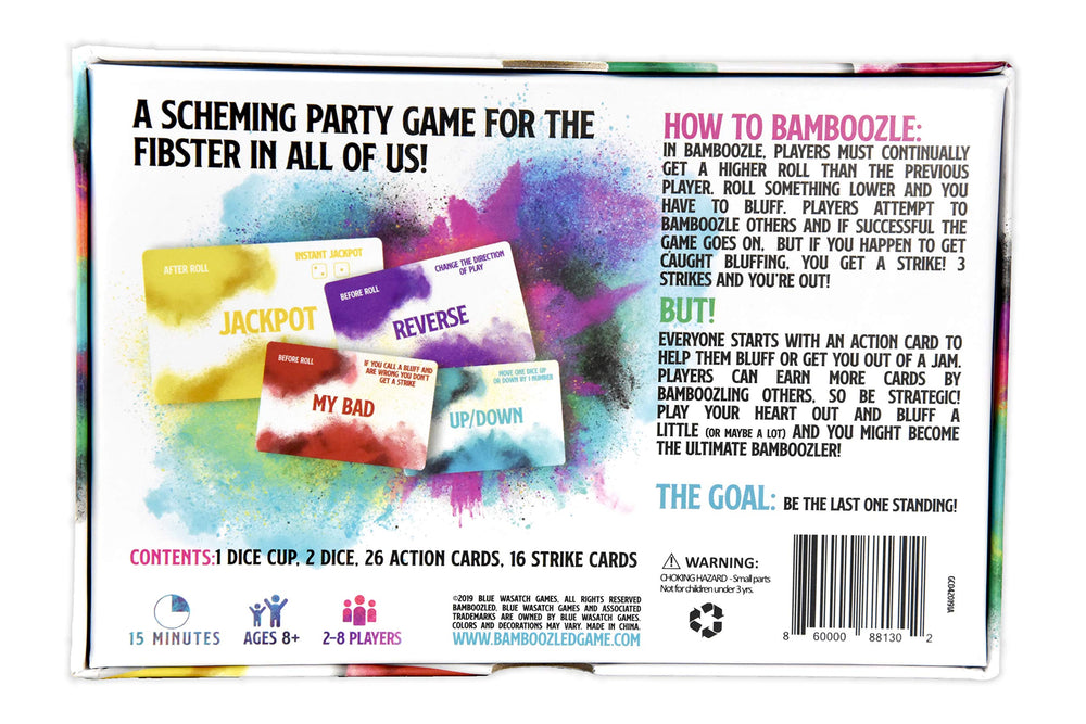 Blue Wasatch Bamboozled gift packaging signals a cheerful party game.