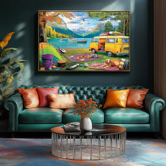 Blueforest 1000-piece puzzle showing a golden retriever at the campsite, great for family bonding