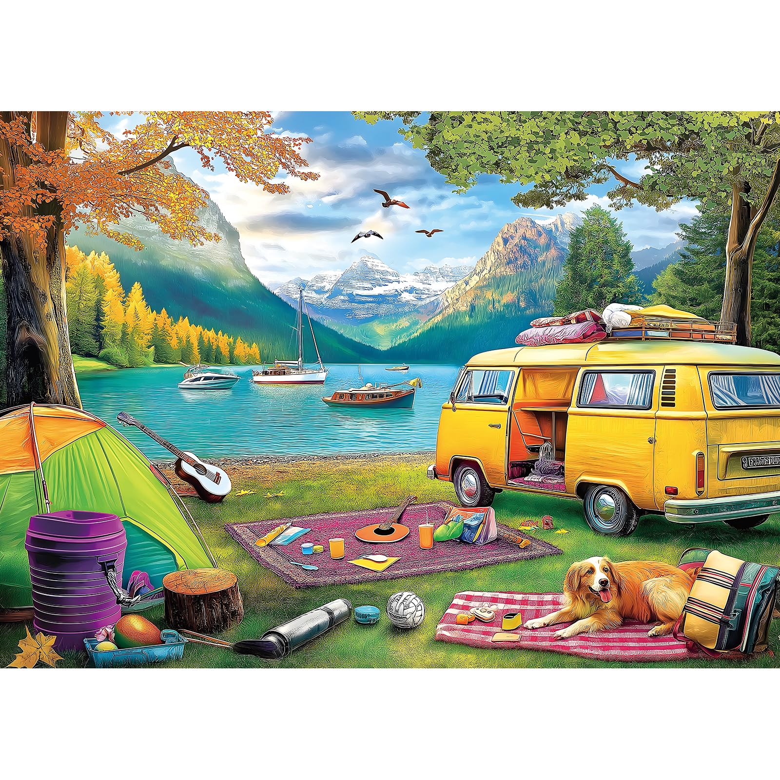 Blueforest 1000-piece puzzle of lakeside camping with an RV for focused relaxation