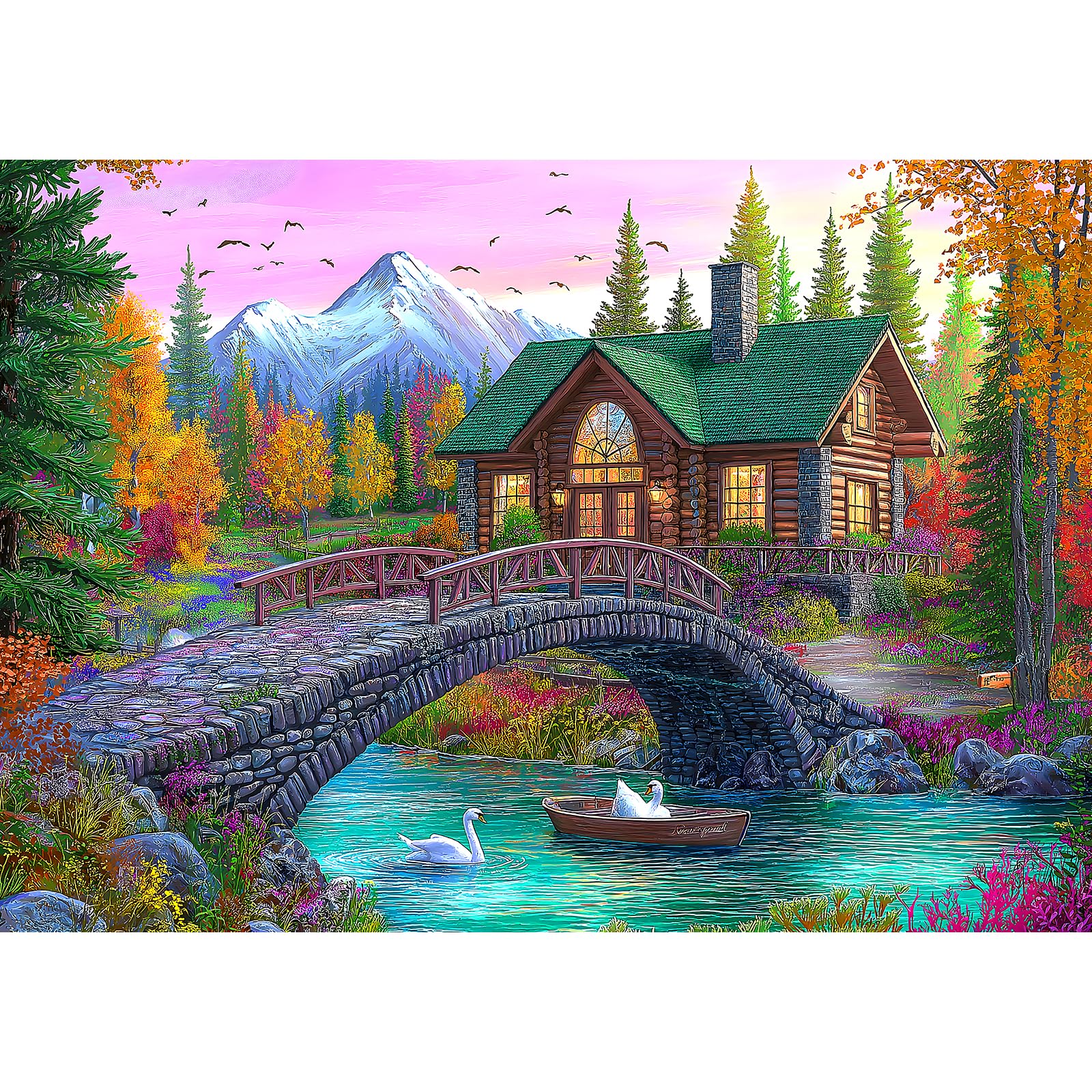 Blueforest 1000-piece puzzle featuring a log cabin scene for immersive evenings.