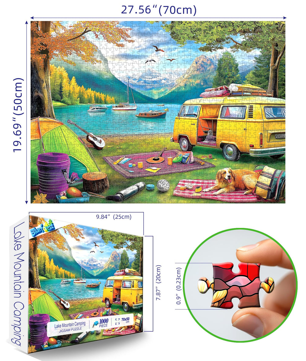 Blueforest 1000-piece puzzle featuring retro RV and campsite for family evenings
