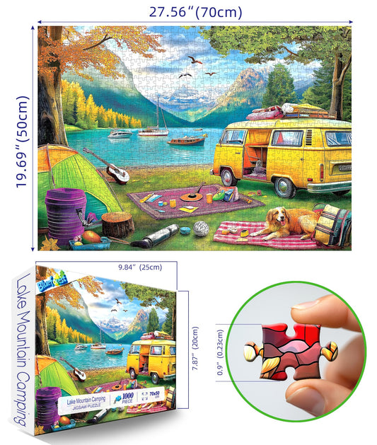 Blueforest 1000-piece puzzle featuring retro RV and campsite for family evenings