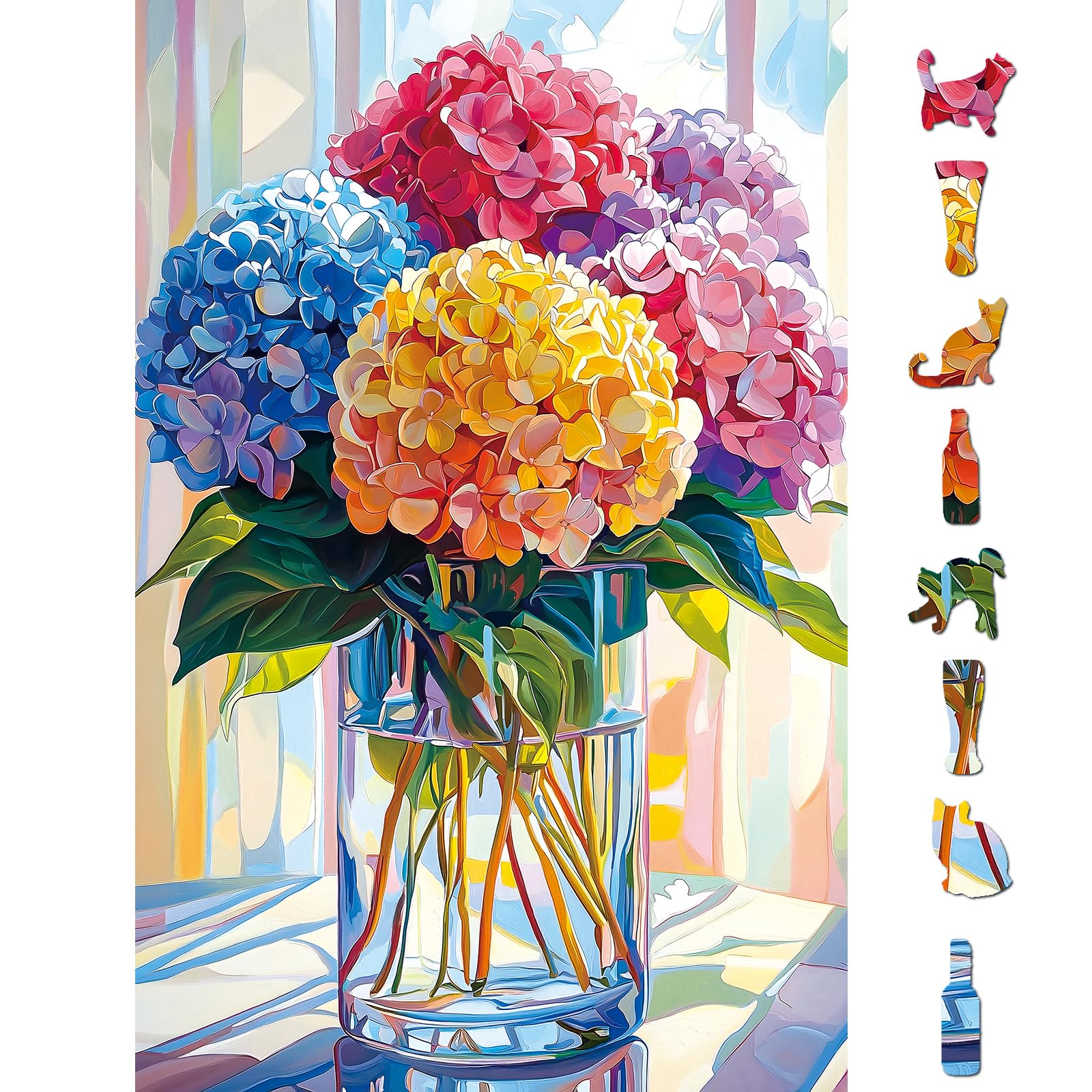 Blueforest 500-piece hydrangeas puzzle shows colorful blooms for relaxing downtime and family bonding.